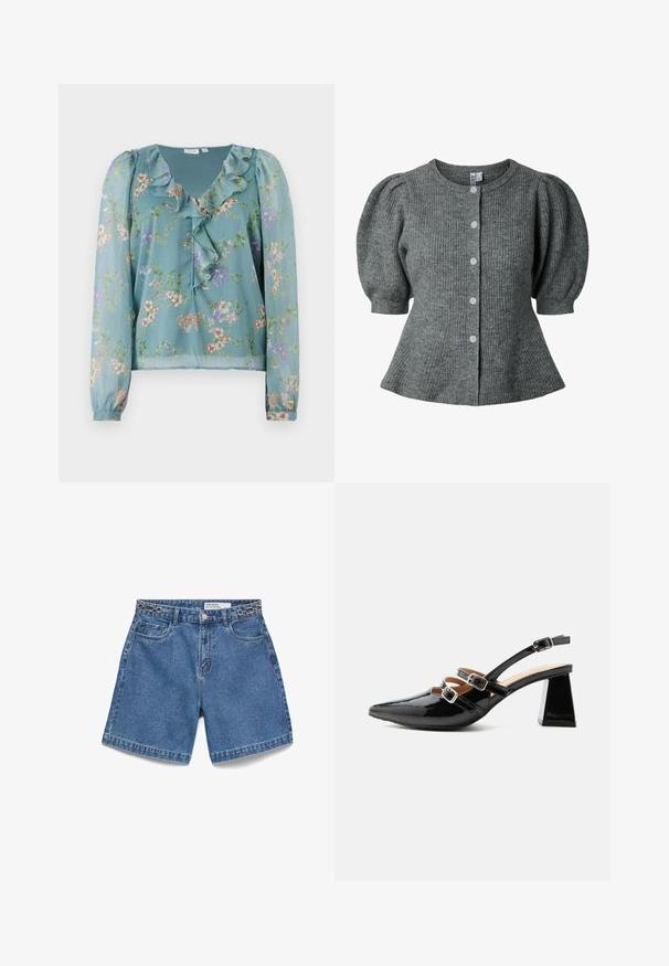 Cardigan gris en maille à manches courtes bouffantes, col rond, six boutons devant et taille légèrement évasée.; Blouse florale en tissu léger teal transparent ; présente un col froncé, des manches longues et de petits motifs de fleurs multicolores sur l'ensemble.; Short en jean bleu avec poches avant et poche monnaie, fermeture par bouton métallique, passants de ceinture et détail chaîne décoratif le long de la taille.; Escarpin slingback en cuir verni noir avec deux brides avant à boucle et un talon épais évasé de 6 cm sur fond clair uni.