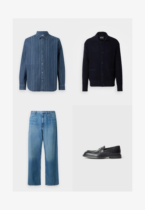 Marineblauer Strickcardigan mit großem Kragen, Knopfverschluss und zwei Vorderentaschen; strukturiertes Design mit gerippten Bündchen und Saum.; Samsøe Samsøe SADAMON SHIRT - Hemd - denim; Hellblaue Jeans mit weitem Bein aus Denim. Sie verfügen über eine mittelhohe Taille, ein Fünf-Taschen-Design und eine ausgewaschene Optik mit sichtbaren Nähten.; Schwarze Lederloafer mit strukturierter Oberfläche, versehen mit einem dekorativen Frontriemen und einer abgerundeten Spitze. Gummisohle für Langlebigkeit.