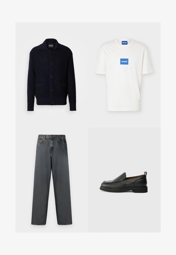 Marineblå strikket cardigan med stor krave, knaplukning og to lommer foran; tekstureret design med ribstrikkede manchetter og kant.; Hvid T-shirt med korte ærmer og rund halsudskæring, med en blå rektangulær logo med teksten "HUGO" centreret på brystet og på den indvendige krave.; Mørkegrå denimjeans med lige ben, fem lommer og en knap- og lynlås-lukning. Stofmet har diskret falming og syninger.; Sorte læder slip-on sko med rund tå, struktureret overdel, kontrasterende rød syning og lav hæl. Funktioner en løkke pull tab.