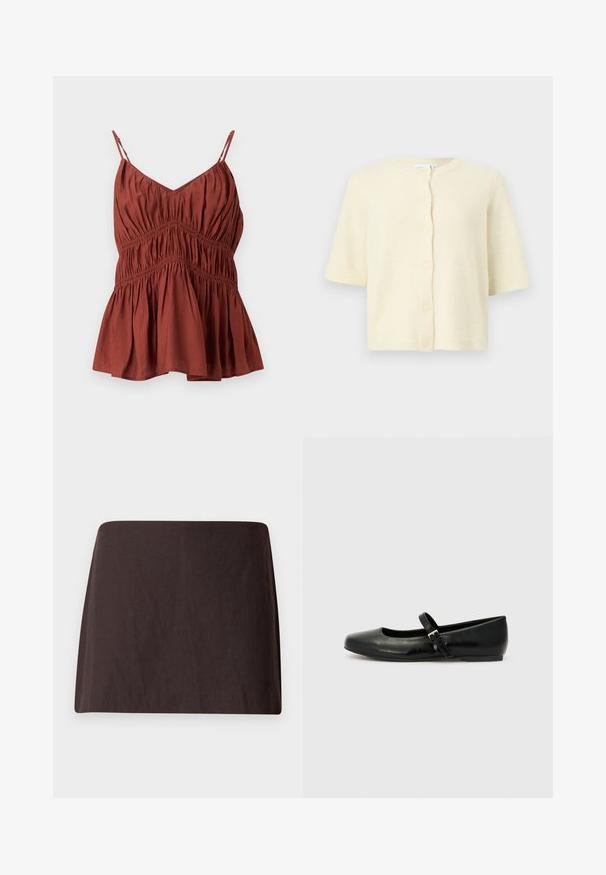 Cardigan à manches courtes de couleur crème avec col rond et cinq boutons sur le devant, présenté sur un fond clair uni.; Blouse sans manches couleur rouille avec fines bretelles ajustables, détails froncés en tissu et ourlet évasé.; Mini-jupe marron foncé en forme de A avec une texture de tissu lisse et unie, présentée à plat sur un fond blanc.; Ballerines en cuir noir avec un bout arrondi, une semelle plate et une fine sangle ajustable sur le cou-de-pied avec une boucle en métal.