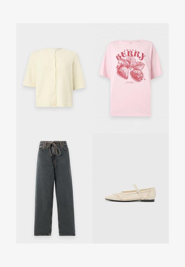 Cárdigan de manga corta color crema con escote redondo y cinco botones delanteros, exhibido sobre un fondo claro liso.; Camiseta de color rosa claro con fresas ilustradas en rojo, hojas y texto que dice "SWEET BERRY" y "DETENTE Y HUELE LAS FRESAS."; Jeans de denim oscuro de pierna ancha con cintura ajustable, costuras visibles y una textura suave. Presenta un corte relajado y piernas rectas.; Bailarinas de color beige con punta afilada, un diseño de malla superpuesto y una correa con hebilla lateral. Suela plana con una textura suave.