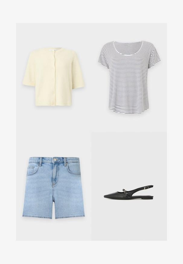 Cardigan à manches courtes de couleur crème avec col rond et cinq boutons sur le devant, présenté sur un fond clair uni.; T-shirt blanc à manches courtes avec de fines rayures horizontales noires et un col arrondi, présenté sur un fond blanc uni.; Short en jean bleu clair avec bouton à l'avant, fermeture éclair, passants de ceinture et design cinq poches sur un fond uni.; Chaussures slingback en cuir noir avec un bout pointu, comprenant une lanière étroite et un accent de boucle argentée sur le côté. Semelle plate.