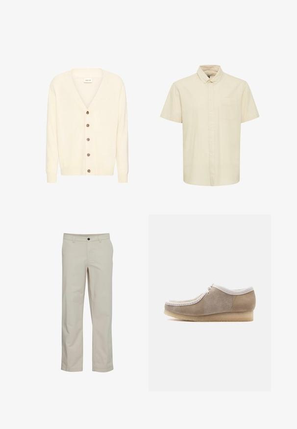 Cárdigan de color beige claro con escote en V y seis botones en la parte delantera. La tela parece suave y de punto, adecuada para superponer.; Camisa de botones de manga corta en color beige claro, hecha de una tela suave. Presenta un pequeño bolsillo en el pecho y un diseño de cuello clásico.; Pantalones de algodón beige con diseño de pierna recta, bolsillos delanteros y cierre de un solo botón. Textura suave y detalles mínimos de costuras.; Zapato marrón claro de ante estilo mocasín con ribete blanco, cordones en la parte delantera y suela de crepé beige, mostrado de perfil sobre un fondo blanco.
