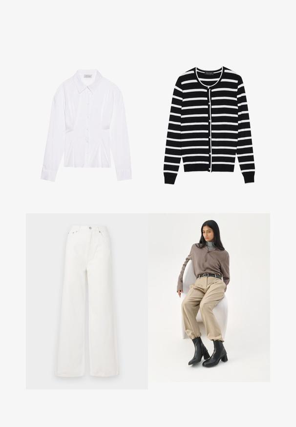 Μαύρο και άσπρο ριγέ κάρντιγκ με στρογγυλή λαιμόκοψη, μακριά μανίκια και κλεισίματα με κουμπιά που μοιάζουν με πέρλες στην μπροστινή πλευρά.; Λευκή μπλούζα με μακριά μανίκια και κλασικό γιακά, με κλείσιμο μπροστά με κουμπιά και λεπτομέρεια συσσίτισης στο πλάι. Λείο ύφασμα με κομψό σχήμα.; Λευκά ψηλόμεσα τζιν με φαρδιά πόδια, κατασκευασμένα από υλικό τζιν. Διαθέτουν μπροστινές τσέπες, κλείσιμο με κουμπί και λεπτομέρειες με φθαρμένο στρίφωμα.; Γυναίκα με μακριά μαύρα μαλλιά ακουμπά σε μια λευκή καμπυλωτή καρέκλα, φοράει μπλούζα ταούπ, μπεζ παντελόνι, μαύρη ζώνη και μαύρα μποτάκια με τακούνι.