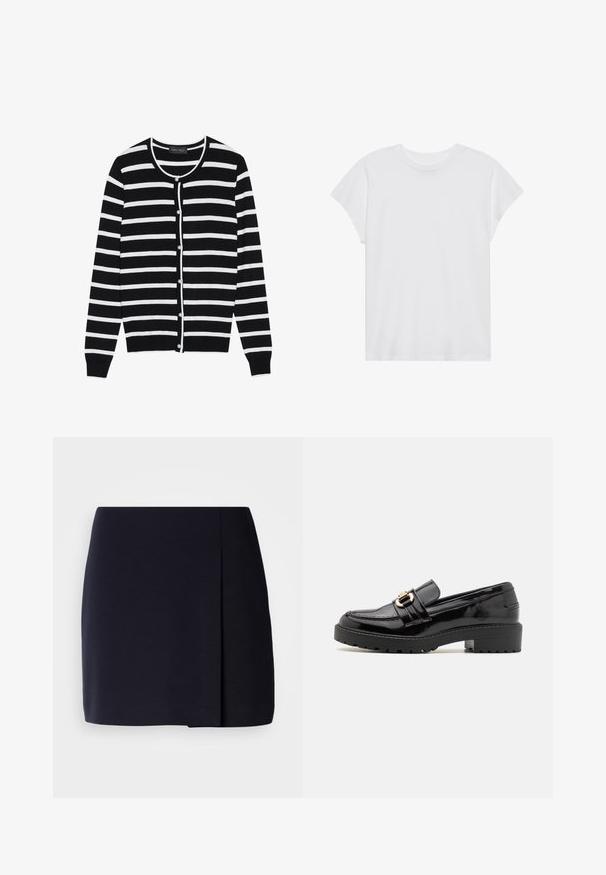 Cardigan à rayures noires et blanches, avec un col rond, des manches longues et des boutons en forme de perle sur le devant.; T-shirt blanc à manches courtes, col rond, coupe décontractée, en tissu de coton doux. Texture lisse, sans motifs ni logos.; Une mini-jupe noire à silhouette droite, fabriquée en tissu doux, avec un pli latéral pour un détail supplémentaire et un ourlet net.; Mocassins en cuir verni noir avec un petit talon bloc, dotés d'une boucle en métal doré proéminente et d'une semelle texturée crantée.