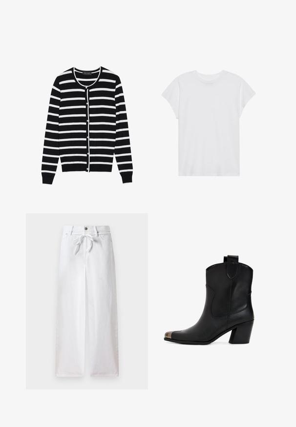 Zwart-wit gestreepte cardigan met een ronde hals, lange mouwen en parelachtige knoopsluitingen aan de voorkant.; Witte t-shirt met korte mouwen, ronde hals, relaxte pasvorm, gemaakt van zacht katoen. Glad textuur, geen patronen of logo's.; Witte wijde broek van katoen. Voorzien van een trekkoord in de taille en een knoopsluiting. Gladde textuur met een minimalistisch ontwerp.; Zwarte leren enkellaars met een lichte hak, voorzien van een puntige neus en een metalen kap. Eenvoudige stiksels en een trekkoord aan de achterkant.
