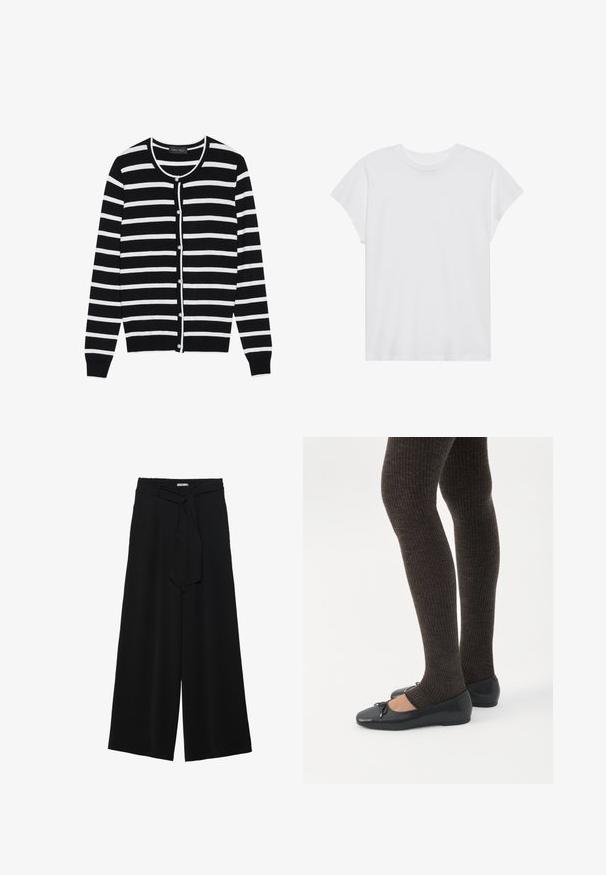 Sort og hvid stribet cardigan med en rund halsudskæring, lange ærmer og perleagtige knaplukninger ned ad forsiden.; Hvid kortærmet t-shirt med rund hals, afslappet pasform, lavet af blødt bomuldsstof. Glat tekstur, ingen mønstre eller logoer.; Sorte vide bukser i en tekstureret stofkvalitet, med elastisk talje og et aftageligt bånd i taljen for justerbar pasform.; Ben iført mørke ribbede leggings kombineret med sorte balletsko med små sløjfedetaljer på hvid baggrund.