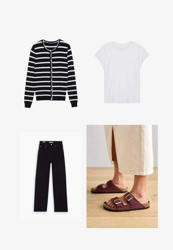 Zwart-wit gestreepte cardigan met een ronde hals, lange mouwen en parelachtige knoopsluitingen aan de voorkant.; Witte t-shirt met korte mouwen, ronde hals, relaxte pasvorm, gemaakt van zacht katoen. Glad textuur, geen patronen of logo's.; Zwarte denim jeans met een recht model, vijf zakken, koperen hardware en een gladde textuur. Twee labels zichtbaar op de tailleband.; Birkenstock ARIZONA NARROW - Sandalen - zinfandel