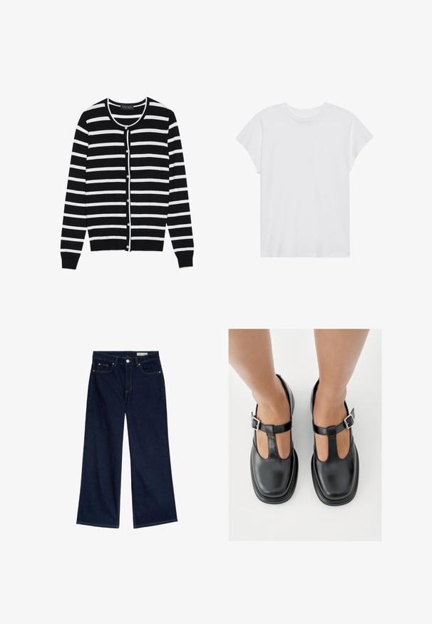 Sort og hvid stribet cardigan med en rund halsudskæring, lange ærmer og perleagtige knaplukninger ned ad forsiden.; Hvid kortærmet t-shirt med rund hals, afslappet pasform, lavet af blødt bomuldsstof. Glat tekstur, ingen mønstre eller logoer.; Bredde ben mørkeblå denimjeans med høj talje, fem-lomme design, kobber nitter og kontrasterende gul syninger.; Sorte lædersko med T-rem-design, lukket tå og sølvfarvede spændeaccenter. Glat tekstur med rundet tå og flad sål.