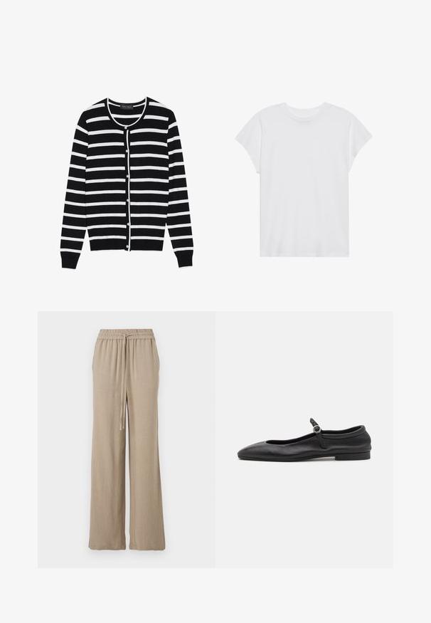 Sort og hvid stribet cardigan med en rund halsudskæring, lange ærmer og perleagtige knaplukninger ned ad forsiden.; Hvid kortærmet t-shirt med rund hals, afslappet pasform, lavet af blødt bomuldsstof. Glat tekstur, ingen mønstre eller logoer.; Beige vide bukser lavet af et letvægtsstof. Har en elastisk talje med snor og sidelommer. Glat tekstur.; Sorte læder balletflade med en rund tå, smal vamp og en lille ankelrem med en cirkulær spænde. Lav, flad sål.