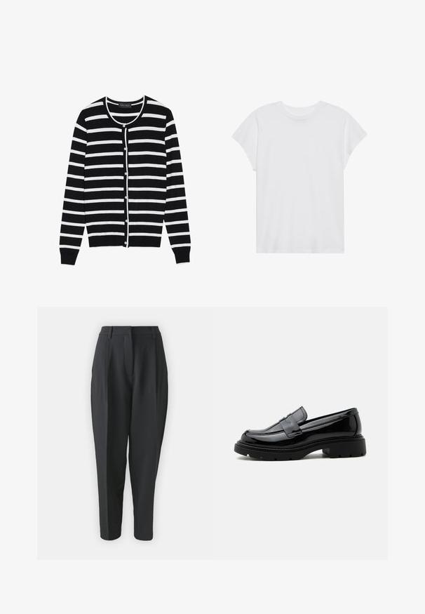 Sort og hvid stribet cardigan med en rund halsudskæring, lange ærmer og perleagtige knaplukninger ned ad forsiden.; Hvid kortærmet t-shirt med rund hals, afslappet pasform, lavet af blødt bomuldsstof. Glat tekstur, ingen mønstre eller logoer.; Sorte skræddersyede bukser med høj talje, plisseringer og indsnævret ben. Glat stof uden synlige mønstre eller udsmykninger.; Sort skinnende læderloafer med kraftig sål og pennyrem, vist i sideprofil på en ensfarvet hvid baggrund.