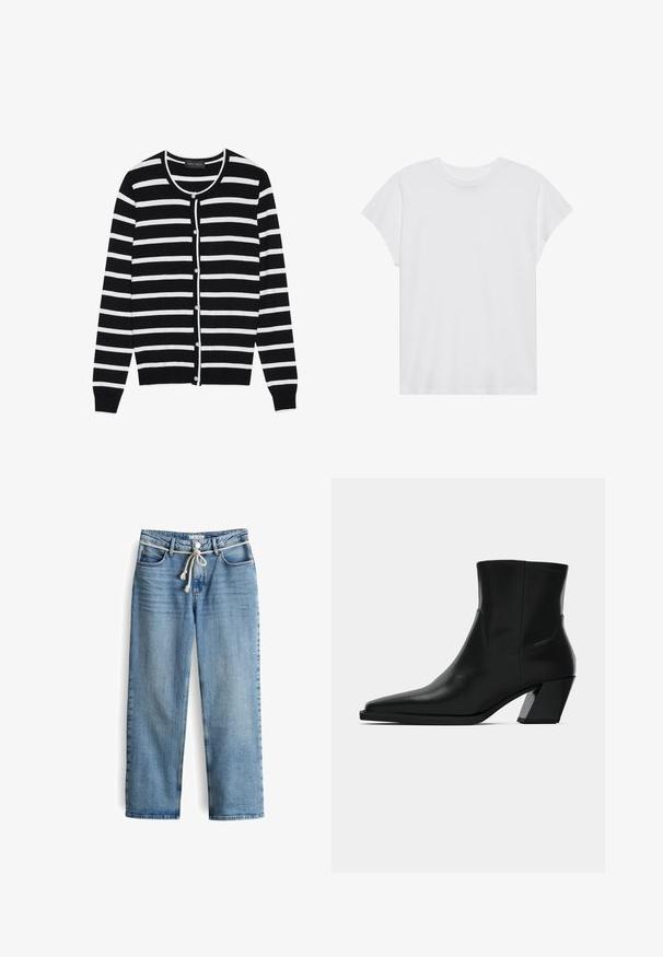 Schwarz-weiße gestreifte Strickjacke mit rundem Halsausschnitt, langen Ärmeln und perlgleichen Knöpfen entlang der Vorderseite.; Weißes kurzärmliges T-Shirt mit Rundhalsausschnitt, lockerer Passform, aus weichem Baumwollstoff. Glatte Textur, keine Muster oder Logos.; Hellblaue Denim-Jeans mit lässiger Passform, ausgestattet mit einem Kordelzug in der Taille, fünf Taschen und subtiler Ausbleichung des Stoffs.; Schwarze Leder-Stiefelette mit spitzem Zeh, schlanker Silhouette und klobigem quadratischem Absatz. Glatte Textur mit minimalen Nähdetails.