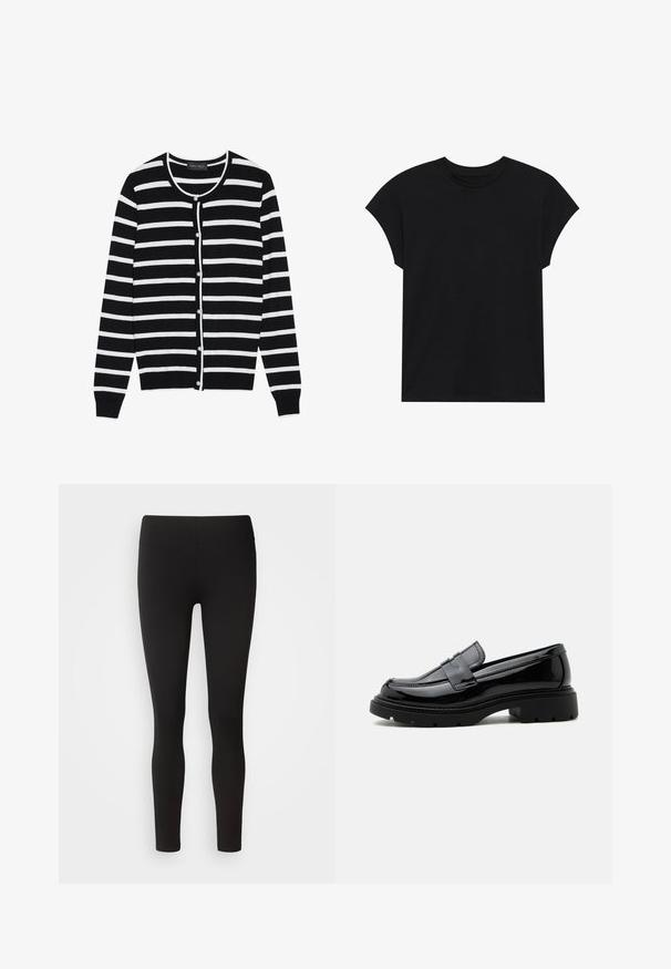 Sort og hvid stribet cardigan med en rund halsudskæring, lange ærmer og perleagtige knaplukninger ned ad forsiden.; Sort bomulds T-shirt med rund halsudskæring, korte ærmer og en afslappet pasform. Glat tekstur uden synlige mønstre eller udsmykninger.; Sorte leggings lavet af strækbart stof med en sømløs talje, tætsiddende design og glat tekstur, velegnet til forskellige aktiviteter.; Sort skinnende læderloafer med kraftig sål og pennyrem, vist i sideprofil på en ensfarvet hvid baggrund.