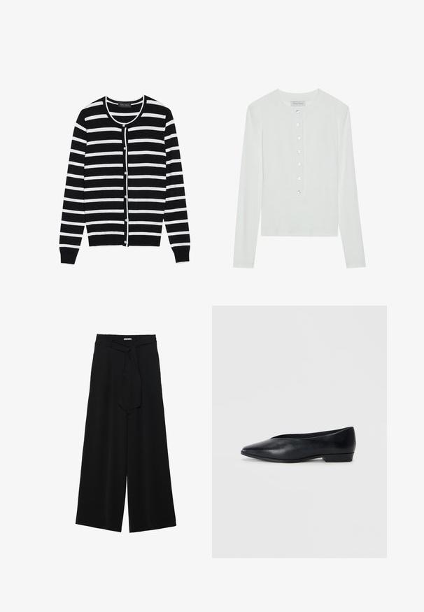 Cardigan à rayures noires et blanches, avec un col rond, des manches longues et des boutons en forme de perle sur le devant.; Haut à manches longues blanc en tissu côtelé, avec un col rond et un devant boutonné comportant six boutons transparents.; Pantalons larges noirs en tissu texturé, avec une taille élastique et une ceinture à nouer amovible à la taille pour un ajustement variable.; Chaussure plate en cuir noir avec un bout pointu, un léger talon surélevé et une surface lisse. Design simple sans matériel ou motifs visibles.