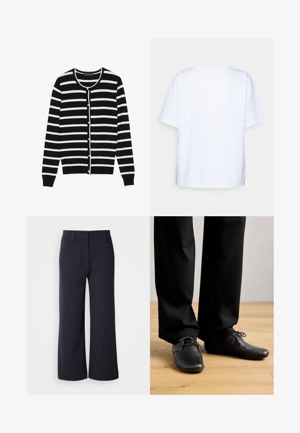 Sort og hvid stribet cardigan med en rund halsudskæring, lange ærmer og perleagtige knaplukninger ned ad forsiden.; Enkelt hvid kortærmet bomulds t-shirt vist bagfra mod en lys grå baggrund.; Bredbenta bukser i mørkeblå stof. Har en glat front, bæltestropper og sidelommer. Materialet er glat med en let stræk.; Person iført sorte dress shoes og sorte bukser står på lys trægulv foran en ensfarvet baggrund.