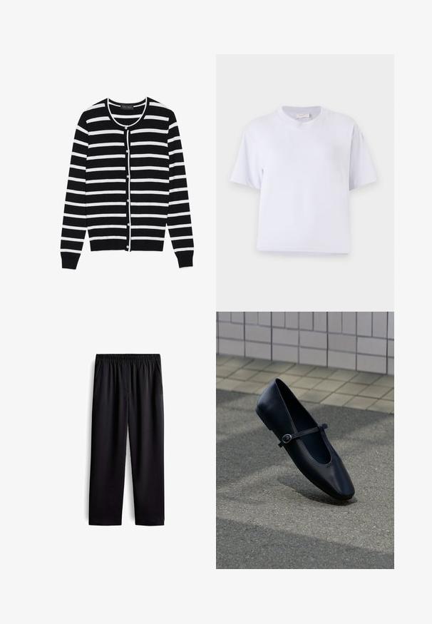 Zwart-wit gestreepte cardigan met een ronde hals, lange mouwen en parelachtige knoopsluitingen aan de voorkant.; Witte katoenen t-shirt met een losse pasvorm, korte mouwen, ronde hals en zonder zichtbare patronen of versieringen. Gladde textuur.; Zwarte op maat gemaakte broek met een elastische tailleband, zijzakken, rechte pijpen, een gladde stofstructuur en zonder zichtbare patronen of accenten.; Zwarte leren Mary Jane platte schoen met een klein gespje, geplaatst op een grijs asfaltoppervlak nabij een betegelde muur.