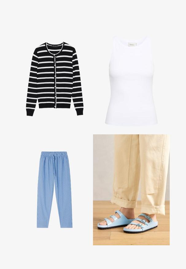 Sort og hvid stribet cardigan med en rund halsudskæring, lange ærmer og perleagtige knaplukninger ned ad forsiden.; Hvid ribbet tanktop med rund halsudskæring og uden ærmer. Strækbart stof og tætsiddende design. Etiketten bagpå viser "GESTUZ."; Blå og hvide lodrette stribede bukser med elastisk talje og snøre, lagt fladt på hvid baggrund.; Lysblå slidesandaler med tre justerbare stropper og sølvspænder; tekstureret sål og glat overflademateriale. Båret med opkrøllede beige bukser.
