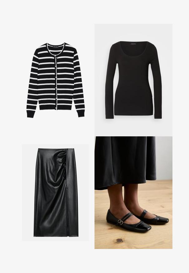Sort og hvid stribet cardigan med en rund halsudskæring, lange ærmer og perleagtige knaplukninger ned ad forsiden.; Sort langærmet top med en rund halsudskæring, lavet af blødt, strækbart stof. Har en tætsiddende pasform og glat tekstur. Brandlabel synlig.; Sort læderskirt med en glat overflade, der har en indsamlet sektion på den ene side og en skråning på siden for ekstra detaljer.; Sorte laklæder flade sko med firkantet tå, der har to stropper med spænder. Sålerne er flade på et lyst trægulv.