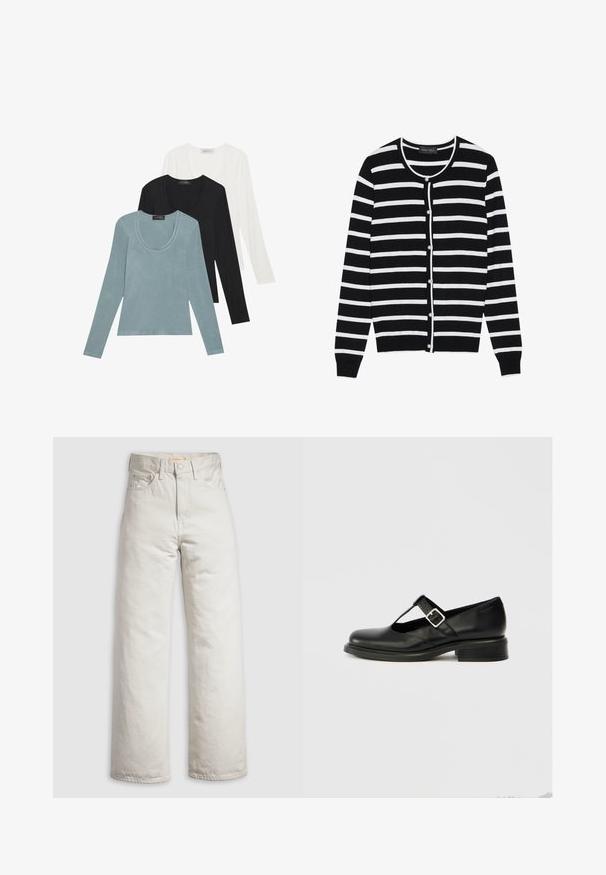 Cárdigan a rayas en blanco y negro con cuello redondo, mangas largas y cierres de botones perlados en la parte delantera.; Tres camisetas de manga larga en azul claro, negro y blanco. El diseño presenta un cuello redondo y una textura de tela suave y ligera.; Vaqueros rectos de tiro alto color blanco roto con cierre frontal de botones y cremallera, y diseño de cinco bolsillos sobre un fondo blanco liso.; Zapato Mary Jane de cuero negro con puntera redonda, diseño de tira en T, hebilla ajustable y tacón bajo apilado. Textura suave con detalles mínimos.