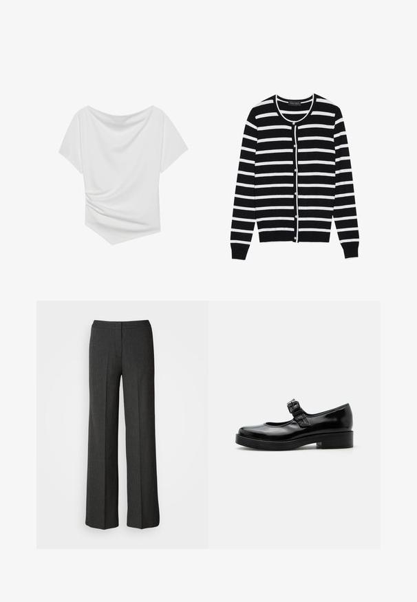 Zwart-wit gestreepte cardigan met een ronde hals, lange mouwen en parelachtige knoopsluitingen aan de voorkant.; Wit top met korte mouwen en een off-the-shoulder ontwerp, voorzien van een gedrapeerde textuur en een geplooid detail aan één kant. Glad materiaal.; Wijdvallende broek in donkergrijs, gemaakt van geweven stof. Heeft een aansluitende tailleband en een subtiel streeppatroon.; Zwarte lakleren Mary Jane-schoen met een ronde neus, lage blokhak en een verstelbare gespsluiting over de wreef.