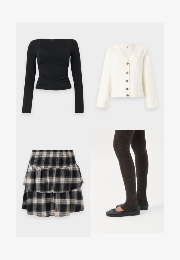 Cardigan crème à manches longues, col en V, et sept boutons marron. Texture douce avec ourlet et poignets côtelés. Design classique court.; Haut noir à manches longues avec un design ajusté, décolleté en V et détail de taille froncée. Fabriqué à partir d'un tissu lisse et extensible.; Jupe à volants à carreaux noir et blanc avec taille smockée. Avec des couches froncées et une texture douce en coton.; Jambes portant des leggings côtelés foncés associés à des ballerines noires avec de petits détails en nœud sur fond blanc.
