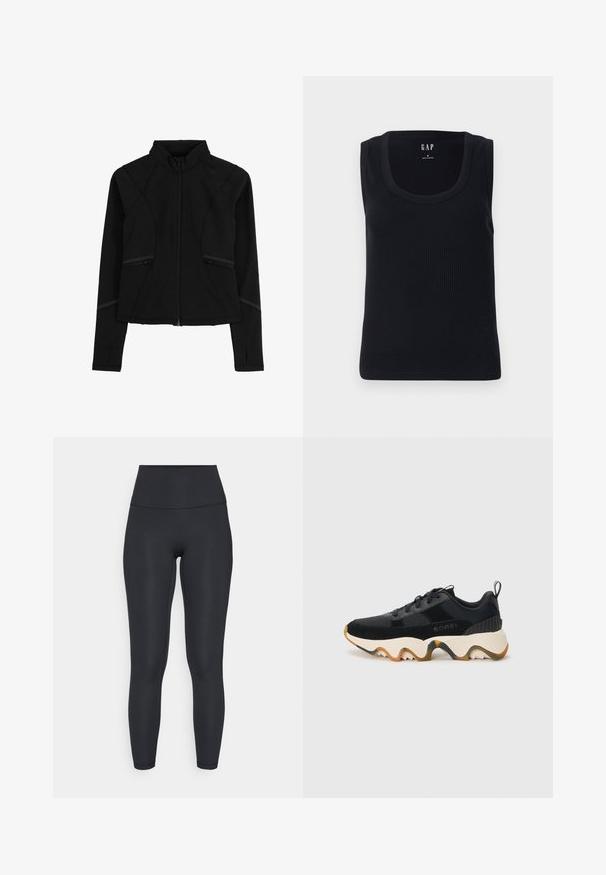 Veste de sport noire avec un col haut, fermeture éclair et coutures discrètes. Fabriquée en matériau doux et extensible avec des poches latérales.; Débardeur noir à côtes avec un col rond, design sans manches et silhouette ajustée. Étiquette affichée en haut au centre.; adidas Performance ALL ME SCULPT - Leggings - black; Chaussure de sport noire en matériaux de maille texturée et en suède, avec une semelle blanche épaisse au design en zigzag et une languette au niveau du talon.