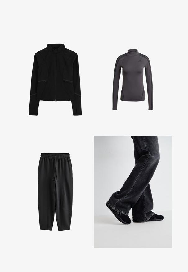 Veste de sport noire avec un col haut, fermeture éclair et coutures discrètes. Fabriquée en matériau doux et extensible avec des poches latérales.; Haut gris à manches longues avec un col montant, en tissu texturé avec des bandes noires d'accent sur les épaules, arborant un logo Adidas sur la poitrine.; Pantalon de jogging noir fuselé avec taille élastique et cordon de serrage, présentant des détails de coutures à l'avant et une coupe décontractée.; Jeans en denim noir à coupe ample et ourlet effiloché, associés à des chaussures noires à enfiler élégantes avec une surface texturée et des découpes.
