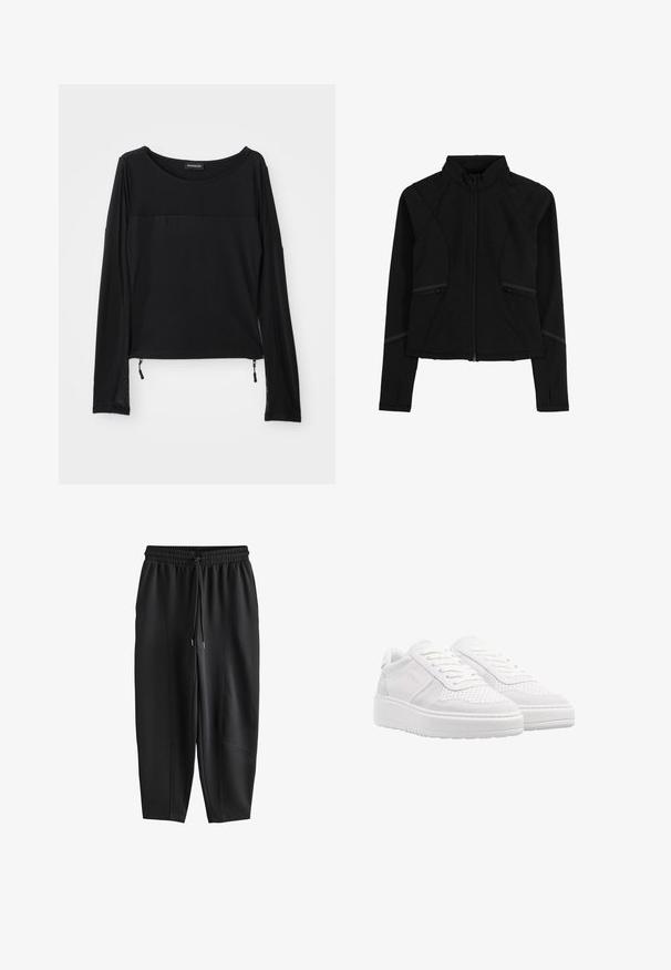 Veste de sport noire avec un col haut, fermeture éclair et coutures discrètes. Fabriquée en matériau doux et extensible avec des poches latérales.; Haut noir à manches longues avec un col rond, texture contrastante aux épaules et cordons de serrage ajustables sur les côtés. Tissu lisse et léger.; Pantalon de jogging noir fuselé avec taille élastique et cordon de serrage, présentant des détails de coutures à l'avant et une coupe décontractée.; Baskets blanches avec une tige en suède et en cuir perforé, lacets plats, col rembourré et une semelle en caoutchouc épaisse et texturée.