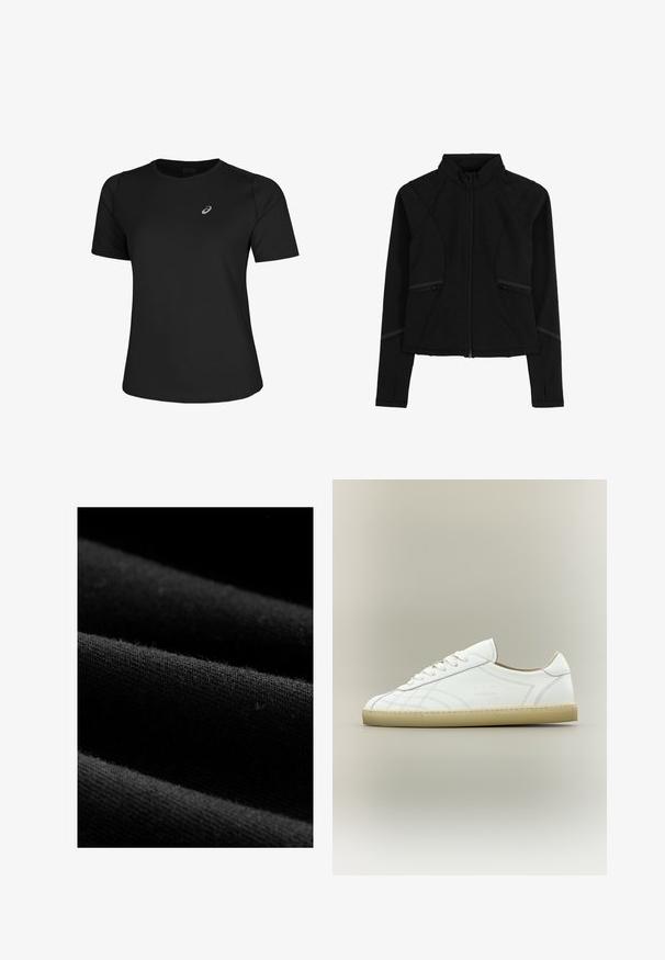 Zwarte sportjack met een hoge kraag, ritssluiting en subtiele naden. Gemaakt van zacht, rekbaar materiaal met zijzakken.; Zwart sport t-shirt van gladde stof, met een ronde halslijn en korte mouwen. Inclusief een reflecterend logo aan de voorkant links.; Zwarte stof met een ribbelachtige textuur en subtiele pluizen. De afbeelding toont lagen met gladde randen en een constante kleur door het geheel.; Witte lage leren sneaker met beige zool, vetersluiting en subtiele gestikte patronen op een neutrale achtergrond.