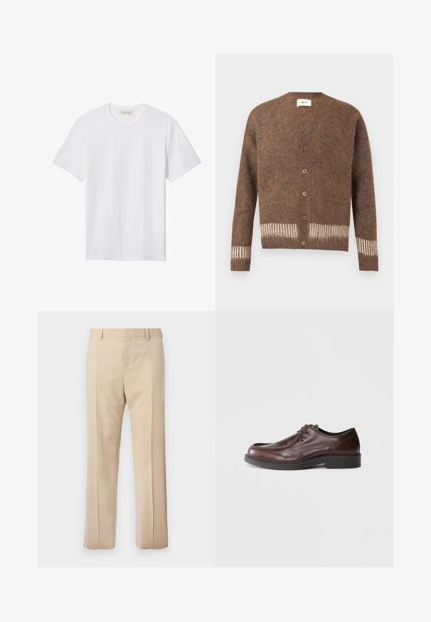 Brun, blød cardigan med fem knapper og hvide striber på ærmekanter og kant, mærket NN.07.; Hvidt ensfarvet T-shirt med korte ærmer og rund hals, med lille præget logo på venstre bryst og mærke indeni kraven.; Beige skræddersyede bukser med bæltestropper, presset folder foran og skjult lynlåslukning, vist på en ensfarvet baggrund.; Brune lædersko med rund tå, minimal syning og en solid sort sål. Har snørelukning og en glat overflade.
