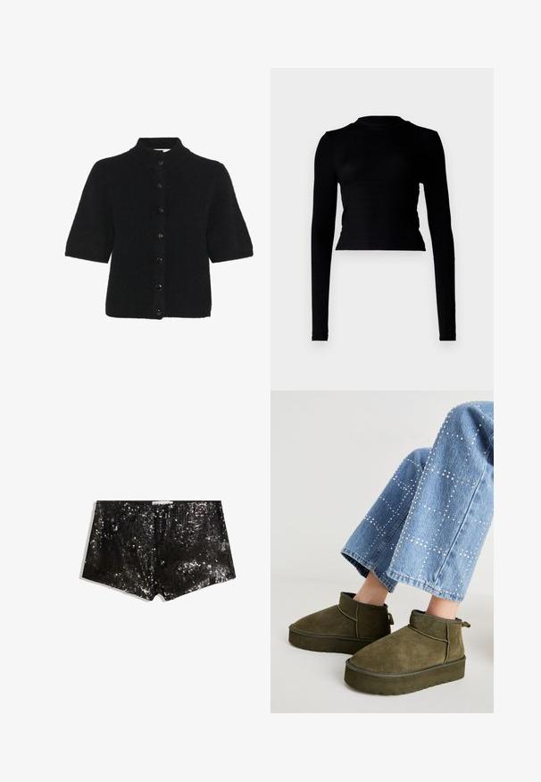 Schwarze Kurzarm-Cardigan aus strukturiertem Strickstoff, mit einem hohen Hals und sechs schwarzen Knöpfen vorne.; Schwarzes, langärmliges Crop-Top aus strukturierter Rippware mit hohem Kragen und figurbetontem Design. Minimalistischer Stil ohne sichtbare Muster oder Akzente.; Schwarze Pailletten-Shorts mit körperbetontem Design. Enthält schimmernde Pailletten, glatte Textur und einen Bund für einen sicheren Sitz.; Olivgrüne Wildleder-Ankle Boots mit einer dicken, strukturierten Sohle und einem Zugriemen. Kombiniert mit hellblauen, verzierten Jeans.