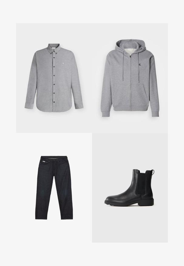 Sudadera con cremallera gris hecha de una tela suave, con capucha, cordones, dos bolsillos frontales y un pequeño logo negro en el pecho.; Camisa de manga larga color gris claro con cierre de botones y cuello abotonado, con un pequeño logo "cK" bordado en el pecho izquierdo.; Pantalones vaqueros de mezclilla azul oscuro con corte recto, que cuentan con cinco bolsillos y detalles de costuras mínimas para un aspecto limpio.; Botín negro de cuero hasta el tobillo con paneles laterales elásticos, tirador en el talón y suela baja de bloque sobre un fondo liso.
