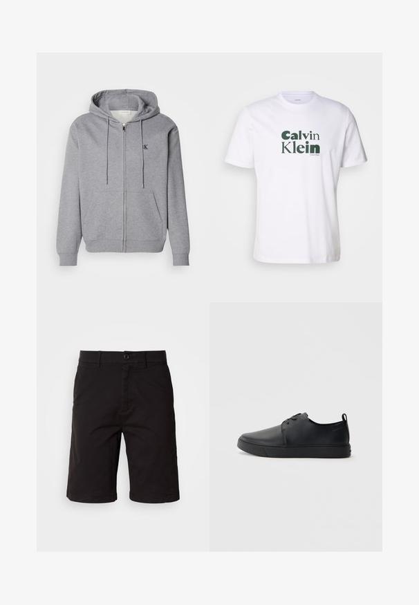 Sudadera con cremallera gris hecha de una tela suave, con capucha, cordones, dos bolsillos frontales y un pequeño logo negro en el pecho.; Camiseta de algodón blanca con un logo verde de "Calvin Klein" impreso en la parte frontal. Mangas cortas, cuello redondo y ajuste estándar.; Shorts negros fabricados con un tejido ligero, con cierre de botón en la parte delantera, pasadores para cinturón, bolsillos laterales y un corte recto con dobladillos enrollados.; Zapatilla negra de cuero con acabado suave, punta redondeada, costuras a tono, cordones en la parte delantera y suela de goma plana. Asa en el talón.