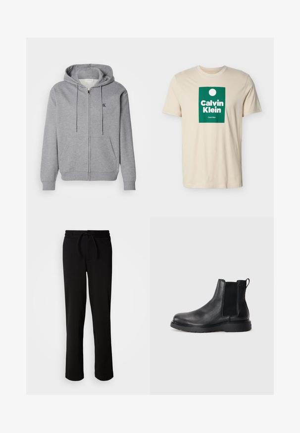 Grå zip-up hoodie lavet af blødt stof, med hætte, snoretræk, to forlommer og et lille sort logo på brystet.; Beige t-shirt med korte ærmer og et grønt rektangulært logo med en hvid cirkel og teksten "Calvin Klein" i fede hvide bogstaver.; Sorte sweatpants med snor i taljen, lavet af blødt og strækbart stof. Har en afslappet pasform med lige ben og uden synlige lommer.; Sorte læder chelsea støvler med tekstureret finish, elastiske sidepaneler og en robust gummisål. Subtil branding på hælen.