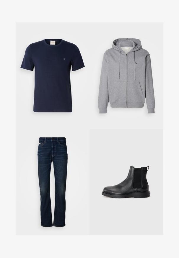 Grijze zip-up hoodie gemaakt van zachte stof, met een capuchon, trekkoorden, twee voorzakken en een klein zwart logo op de borst.; Marineblauwe katoenen T-shirt met een ronde hals, korte mouwen en een klein geborduurd logo op de linkerkant van de borst. Soepele textuur en klassieke pasvorm.; Donkerblauwe denim jeans met een recht model, voorzien van subtiele vervaging, een knoopsluiting en traditionele vijfzakkenstijl.; Zwarte leren Chelsea boots met een gestructureerde afwerking, elastische zijpanelen en een stevige rubberen zool. Subtiele branding op de hiel.