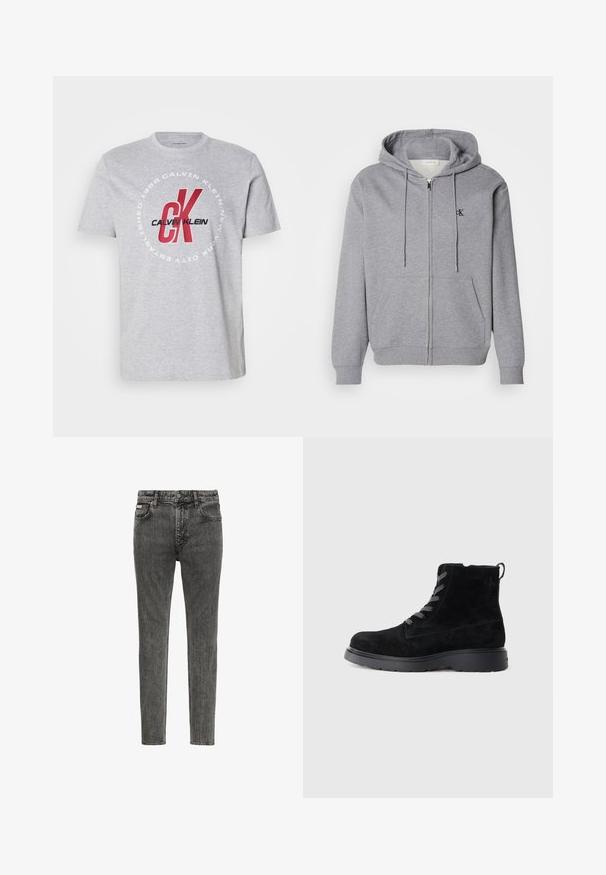 Sudadera con cremallera gris hecha de una tela suave, con capucha, cordones, dos bolsillos frontales y un pequeño logo negro en el pecho.; Camiseta de algodón gris con cuello redondo, mangas cortas y un gráfico central con "Calvin Klein" y "CK" en rojo y negro.; Vaqueros de denim negros descoloridos de corte ajustado con cinco bolsillos, trabillas para cinturón y cierre de botones en la cintura, mostrados de frente sobre un fondo blanco.; Botines de ante negro con una superficie texturizada, puntera redonda, cordones grises y suela negra resistente. Cuenta con una pequeña lengüeta en la parte posterior.