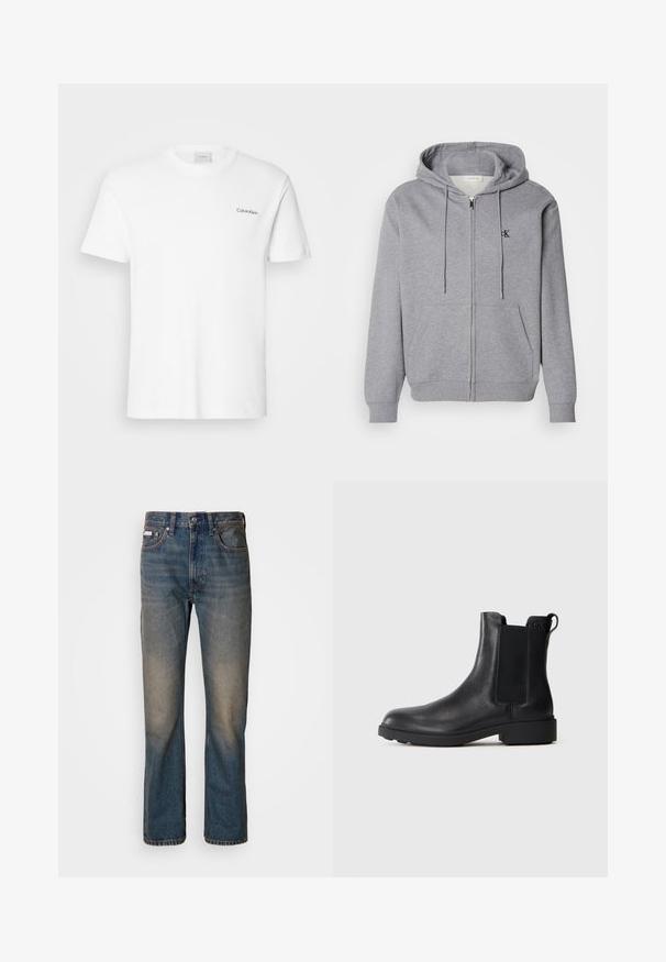 Graue Zip-Hoodie aus weichem Stoff, mit Kapuze, Kordelzügen, zwei Vordertaschen und einem kleinen schwarzen Logo auf der Brust.; Weißes Baumwoll-T-Shirt mit kurzen Ärmeln und Rundhalsausschnitt. Mit einem kleinen schwarzen "Calvin Klein"-Logo auf der linken Brust.; Hoch geschnittene blaue Jeans aus Denim mit geradem Bein, verwaschenen, distressierten Stellen und traditionellem Fünf-Taschen-Stil.; Schwarze Leder-Stiefelette mit elastischen Seiteneinsätzen, Zugschlaufe an der Ferse und niedrigem Blockabsatz vor einem schlichten Hintergrund.