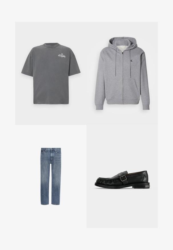 Graue Zip-Hoodie aus weichem Stoff, mit Kapuze, Kordelzügen, zwei Vordertaschen und einem kleinen schwarzen Logo auf der Brust.; Dunkelgraues T-Shirt mit kurzen Ärmeln und Rundhalsausschnitt mit kleinem weißen "ALLSAINTS"-Logo auf der oberen linken Brust.; Gerade geschnittene blaue Denim-Jeans mit Vordertaschen, Gürtelschlaufen und Knopfverschluss.; Schwarzer Leder-Slipper mit Schnallenriemen, Ziernähten rund um die Zehenpartie und einem niedrigen Absatz mit Metallakzent.
