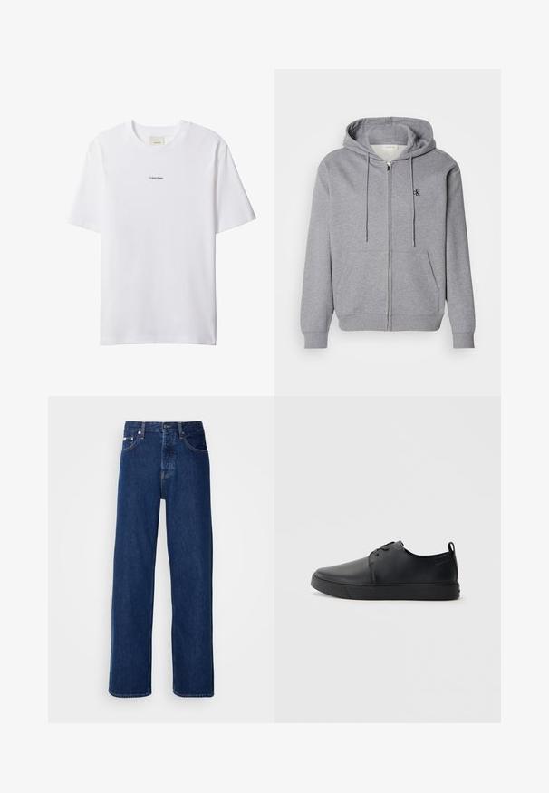 Sudadera con cremallera gris hecha de una tela suave, con capucha, cordones, dos bolsillos frontales y un pequeño logo negro en el pecho.; Camiseta blanca de algodón con cuello redondo y mangas cortas. Cuenta con un pequeño logo negro de "Calvin Klein" centrado en el pecho.; Vaqueros de mezclilla azul oscuro con un diseño de pierna ancha, que presentan un cierre de botón y el clásico estilo de cinco bolsillos. La tela tiene una textura suave.; Zapatilla negra de cuero con acabado suave, punta redondeada, costuras a tono, cordones en la parte delantera y suela de goma plana. Asa en el talón.