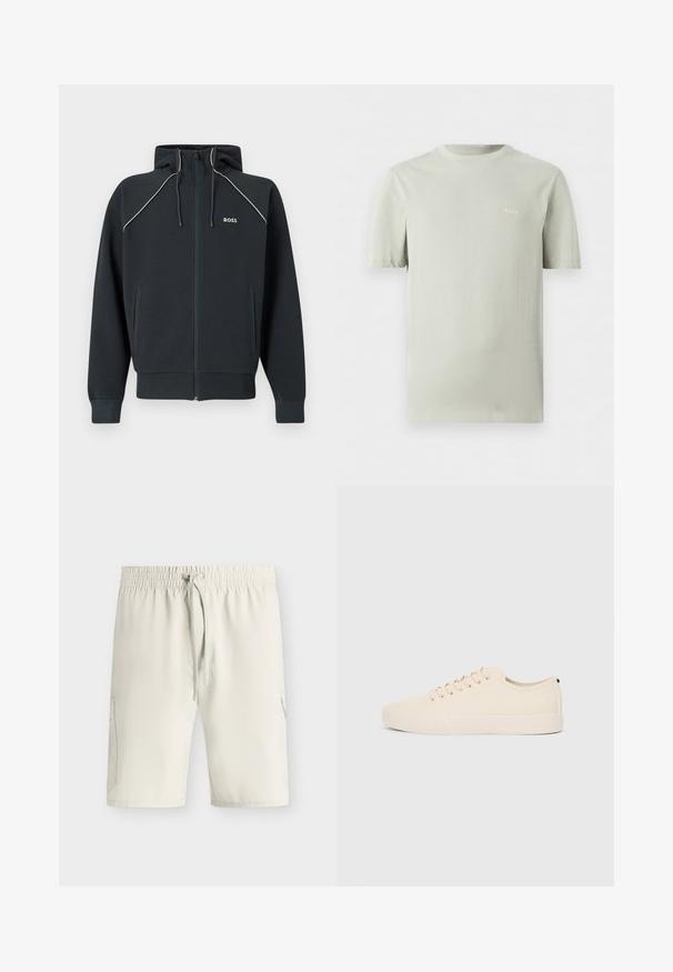 Sweat à capuche zippé bleu foncé avec capuche, surpiqûres blanches en accent, deux poches latérales et logo 'BOSS' sur la poitrine. Confectionné en tissu doux et texturé.; T-shirt gris clair à manches courtes avec col rond et petit logo blanc "HUGO" sur la poitrine gauche.; Shorts beige clair longueur genou avec taille élastique et cordon, avec poches latérales et texture de tissu lisse.; Baskets en toile beige avec bout arrondi, semelle en caoutchouc plate et lacets à l'avant. Présente un design minimaliste et un accent noir contrastant au niveau du talon.