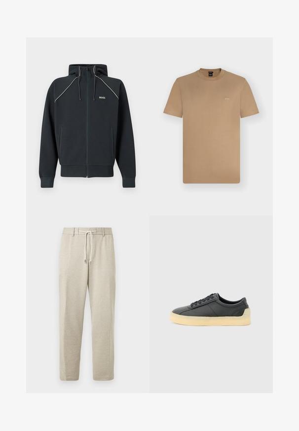 Mørkeblå hættetrøje med lynlås og hætte, hvide kontrastsømme, to sidelommer og 'BOSS'-logo på brystet. Fremstillet af blødt, tekstureret stof.; Kortærmet T-shirt med rund hals i tan med lille hvid "BOSS"-logo på venstre bryst, vist på en ensfarvet lys baggrund.; Lysebeige atletikbukser med elastisk taljebånd, snøre og manchetter ved anklerne, lavet af blødt, tekstureret stof.; Sort lavtstående lædersneaker med rund tå, sorte snørebånd og tyk off-white gummisål, vist fra siden på lysegrå baggrund.