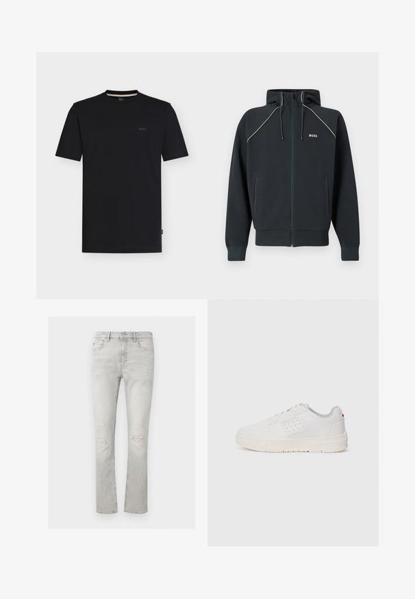 Dunkelblauer Kapuzenpullover mit Reißverschluss, Kapuze, weißen Akzentnähten, zwei Seitentaschen und "BOSS"-Logo auf der Brust. Hergestellt aus weichem, strukturiertem Stoff.; Schwarzes T-Shirt mit kurzen Ärmeln und Rundhalsausschnitt sowie kleinem "BOSS"-Logo auf der linken Brust, präsentiert auf weißem Hintergrund.; Hellgraue Slim-Fit-Jeans mit Distressed-Effekten an beiden Knien, Fünf-Taschen-Design und Knopf- mit Reißverschlussverschluss.; Weißer Sneaker mit strukturiertem Obermaterial, perforierten Details, einer hellgrauen Mesh-Zunge und einer cremefarbenen Gummisohle. Mit minimalem Branding an der Seite.