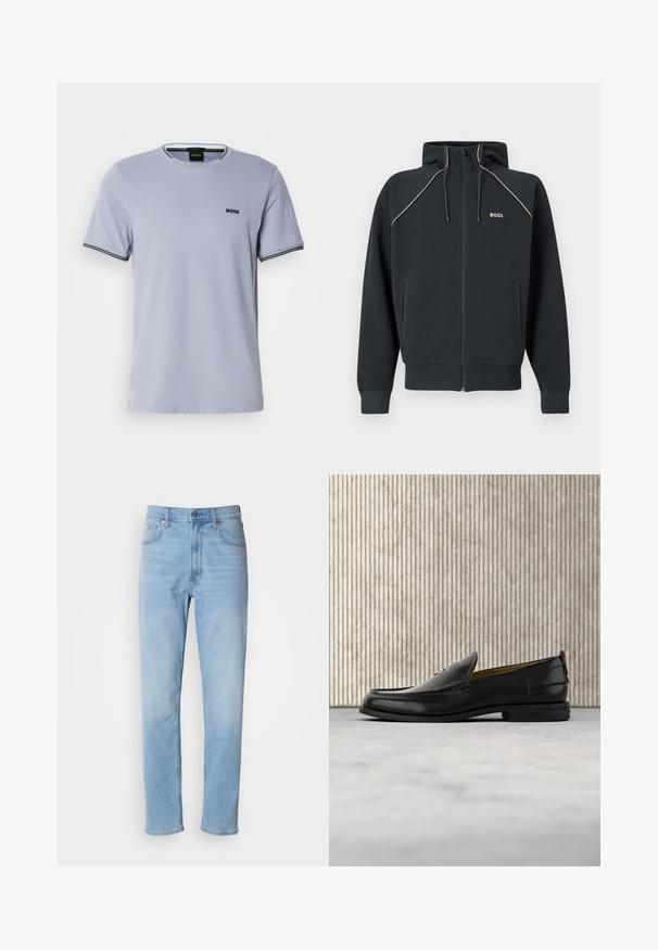 Tmavomodrá mikina na zips s kapucňou, bielym kontrastným prešitím, dvoma bočnými vreckami a logom 'BOSS' na hrudi. Vyrobená z mäkkej, textúrovanej látky.; Svetlomodré bavlnené tričko s okrúhlym výstrihom, krátkymi rukávmi a čierno-bielymi pruhovanými akcentmi na manžetách, s malým vyšitým logom.; Svetlomodré džíny z denimu so strihom rovného strihu, piatimi vreckami a pútkami na opasok. Textil má hladkú štruktúru s jemným efektom vyblednutia.; Pánska čierna kožená mokasína so vzorom krokodílej kože na priehlavku a nízkym podpätkom, zobrazená z profilu na neutrálnom pozadí.