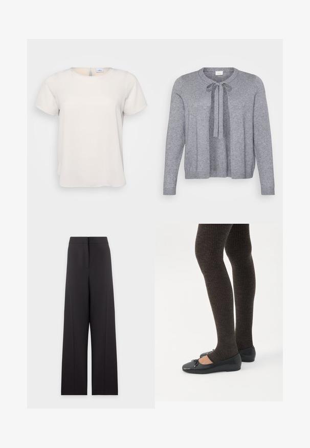 Grå strikket cardigan med rund halsudskæring, front lukning med bånd og ribstrikkede ærmer og kant. Blød tekstur og åbent frontdesign.; Kortærmet, rundhalset top i lys beige stof med en glat tekstur; har en nøglehulsdetalje på ryggen og en afslappet pasform.; Sorte højttaljede bukser med vid ben, forsideseams detaljer og skjult forlukning, vist på en ensfarvet lys baggrund.; Ben iført mørke ribbede leggings kombineret med sorte balletsko med små sløjfedetaljer på hvid baggrund.