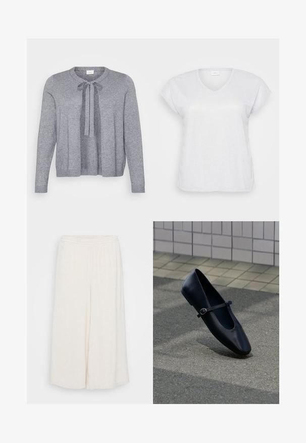 Cárdigan gris de punto con cuello redondo, cierre delantero atado y puños y bajo en canalé. Textura suave y diseño de abertura frontal.; Camiseta blanca de manga corta y escote en V con una sutil textura brillante, que presenta un corte holgado y sin patrones ni acentos visibles.; Pantalones culottes de lino blanco con cintura elástica, piernas anchas y una superficie texturizada. La prenda tiene un corte holgado y relajado para mayor comodidad.; Zapato plano Mary Jane de cuero negro con una pequeña correa con hebilla, colocado sobre una superficie de asfalto gris cerca de una pared alicatada.