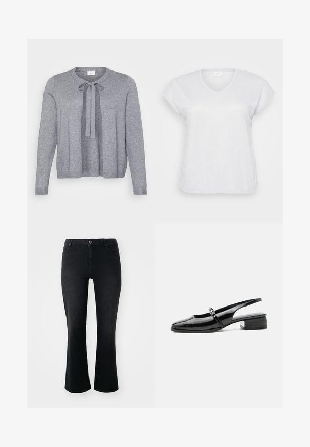 Grauer gestrickter Cardigan mit Rundhalsausschnitt, vorderem Bindebandverschluss und gerippten Bündchen und Saum. Weiche Textur und offen geschnittenes Design.; Weißes, kurzärmliges V-Ausschnitt-T-Shirt mit einem subtilen Schimmer-Effekt, das einen lässigen Schnitt aufweist und keine sichtbaren Muster oder Akzente hat.; Schwarze Denim-Jeans mit mittelhohem Bund, vorderem Knopf, zwei Vorder- und zwei Hintertaschen sowie weiter Schnitt.; Schwarzer Slingback-Schuh aus Lackleder mit niedrigem Blockabsatz und dünnem Riemen mit silberner Schnalle oben.