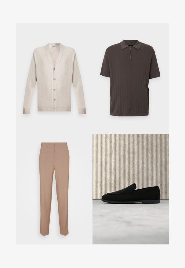 Beige cardigan med lange ærmer, knapper foran, V-hals og ribstrikkede manchetter og kant, lagt fladt på en ensfarvet baggrund.; Mørkebrun strikket polo med korte ærmer, vertikal ribbet tekstur og en lynlås foran, der går fra kraven.; Beige skræddersyede bukser i en glat, struktureret stof. Straight fit med en linning og uden synlige pyntedetaljer eller lommer.; Sort slip-on loafer-sko svævende over lyst tæppe med et buet, ravbrunt moderne bord i baggrunden.