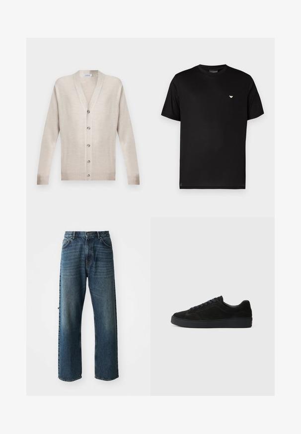 Beige cardigan med lange ærmer, knapper foran, V-hals og ribstrikkede manchetter og kant, lagt fladt på en ensfarvet baggrund.; Sort bomuldst-shirt med rund halsudskæring. Har en lille gylden logo på venstre bryst. Korte ærmer og en lige kant.; NN.07 OTIS - Jeans Straight Leg - stonewashed; Sort semsket sneakers med en flad, tekstureret sål, rund tå, seks snørrehuller og et minimalistisk design.