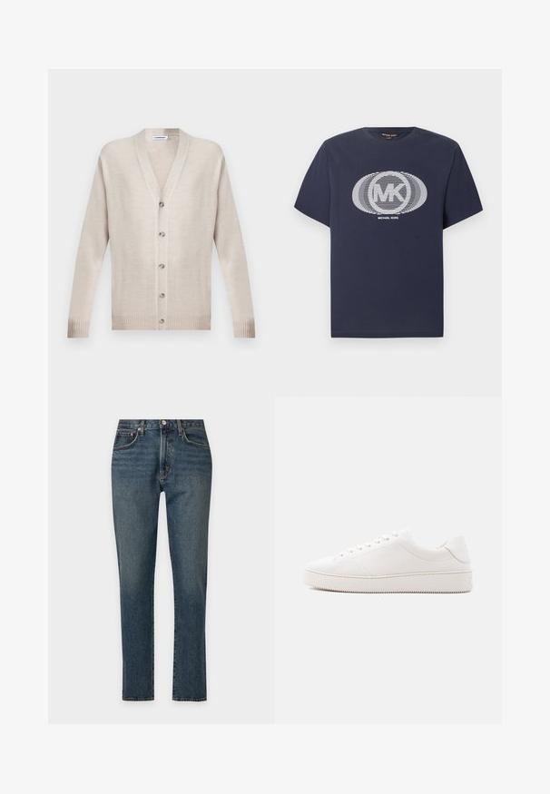 Cardigan beige à manches longues avec boutons, col en V, poignets et ourlet côtelés, posé à plat sur un fond uni.; T-shirt manches courtes bleu marine avec un logo circulaire « MK » à rayures blanches et le texte « Michael Kors » centré sur la poitrine.; Jean bleu droit en denim avec une coupe classique à cinq poches et une fermeture par bouton sur un fond clair uni.; Baskets en cuir blanc à finition lisse, bout rond, laçage à six œillets et semelle en caoutchouc texturée. Design minimaliste sans motifs.