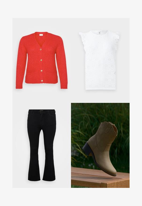 Rød cardigan med V-hals, guldknapper, ribbet kant og manchetter, som har to forlommer og et struktureret strikmateriale.; Hvid ærmeløs top med hulblomstermønstre og flæse detaljer på skuldrene på en ensfarvet baggrund.; Sorte viddejeans lavet af denim, med knaplukning, fem lomme og en glat overflade. Klassisk design med flagrende kant.; Tanfarvede ruskindsankelstøvler med dekorative syninger og en lav blokhæl, der hviler på kanten af en træoverflade udendørs.